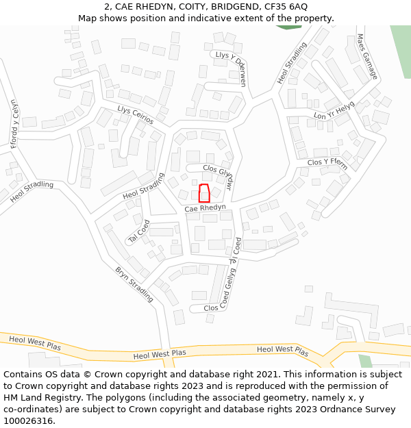 2, CAE RHEDYN, COITY, BRIDGEND, CF35 6AQ: Location map and indicative extent of plot