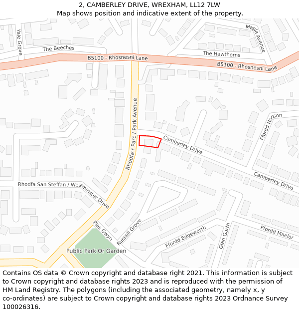 2, CAMBERLEY DRIVE, WREXHAM, LL12 7LW: Location map and indicative extent of plot