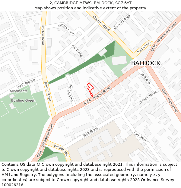 2, CAMBRIDGE MEWS, BALDOCK, SG7 6AT: Location map and indicative extent of plot