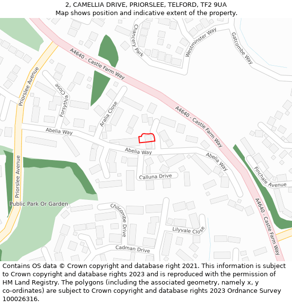 2, CAMELLIA DRIVE, PRIORSLEE, TELFORD, TF2 9UA: Location map and indicative extent of plot