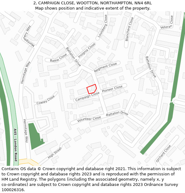 2, CAMPAIGN CLOSE, WOOTTON, NORTHAMPTON, NN4 6RL: Location map and indicative extent of plot