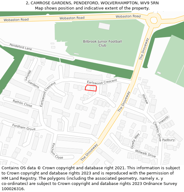 2, CAMROSE GARDENS, PENDEFORD, WOLVERHAMPTON, WV9 5RN: Location map and indicative extent of plot