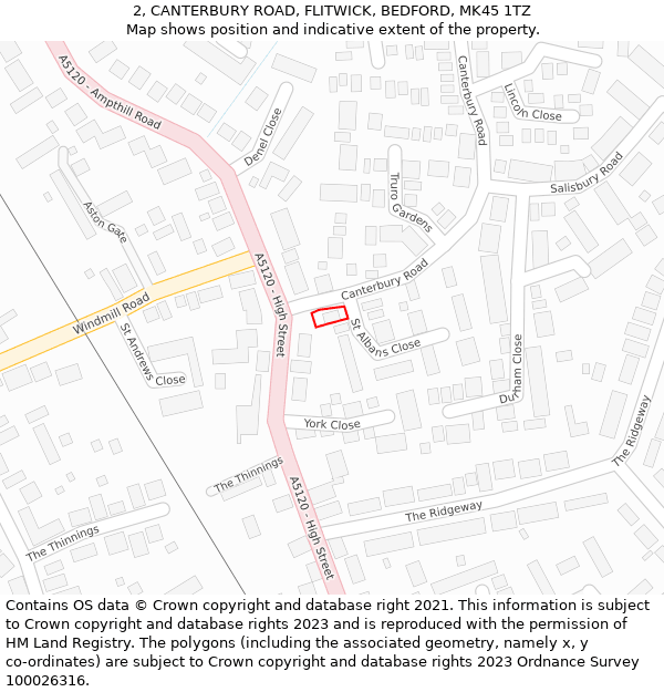 2, CANTERBURY ROAD, FLITWICK, BEDFORD, MK45 1TZ: Location map and indicative extent of plot