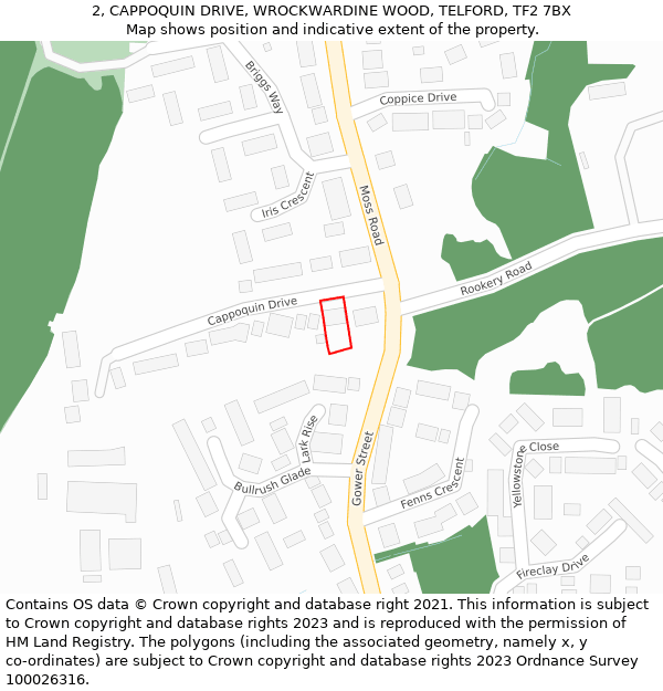 2, CAPPOQUIN DRIVE, WROCKWARDINE WOOD, TELFORD, TF2 7BX: Location map and indicative extent of plot