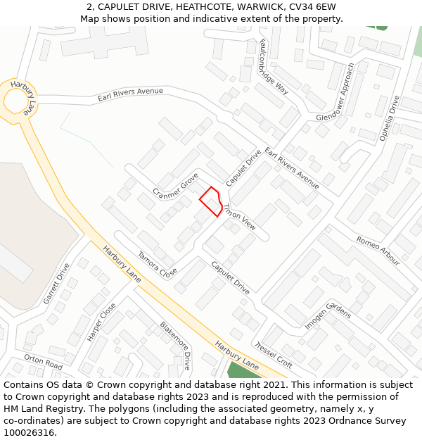 2, CAPULET DRIVE, HEATHCOTE, WARWICK, CV34 6EW: Location map and indicative extent of plot