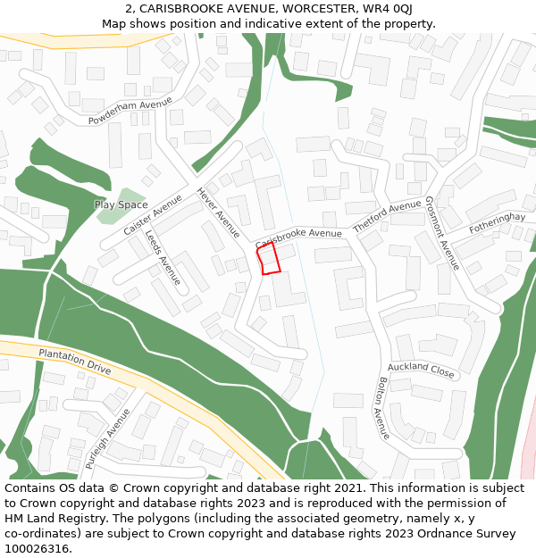 2, CARISBROOKE AVENUE, WORCESTER, WR4 0QJ: Location map and indicative extent of plot