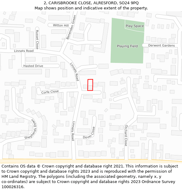 2, CARISBROOKE CLOSE, ALRESFORD, SO24 9PQ: Location map and indicative extent of plot