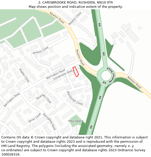 2, CARISBROOKE ROAD, RUSHDEN, NN10 0TA: Location map and indicative extent of plot