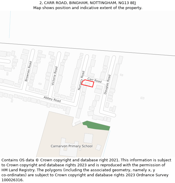 2, CARR ROAD, BINGHAM, NOTTINGHAM, NG13 8EJ: Location map and indicative extent of plot