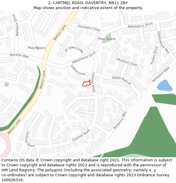 2, CARTMEL ROAD, DAVENTRY, NN11 2NY: Location map and indicative extent of plot