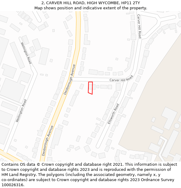 2, CARVER HILL ROAD, HIGH WYCOMBE, HP11 2TY: Location map and indicative extent of plot