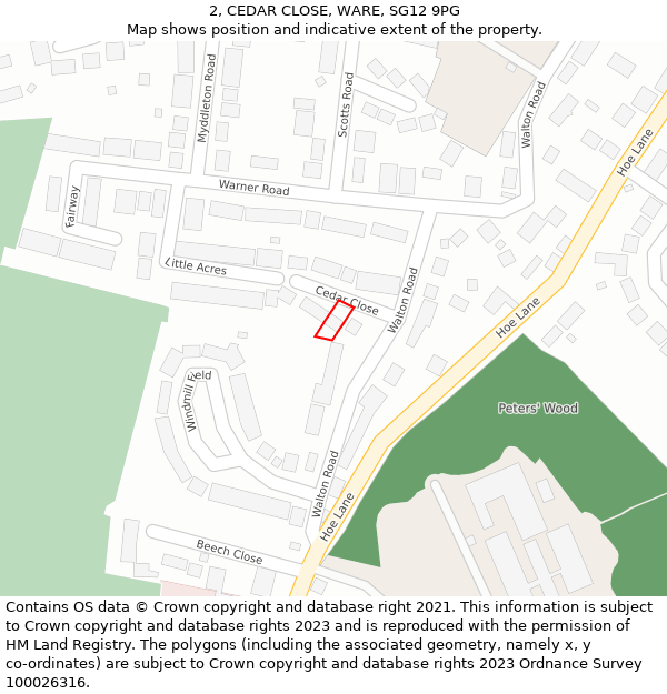 2, CEDAR CLOSE, WARE, SG12 9PG: Location map and indicative extent of plot