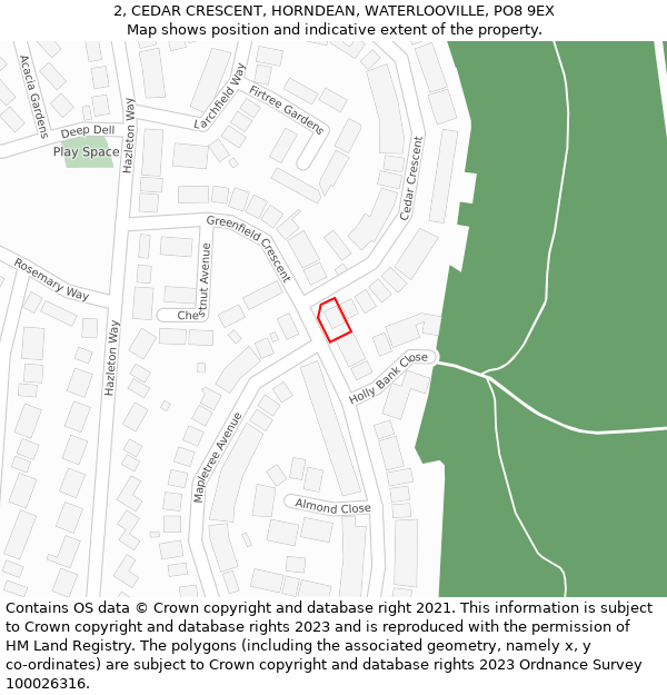 2, CEDAR CRESCENT, HORNDEAN, WATERLOOVILLE, PO8 9EX: Location map and indicative extent of plot