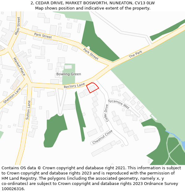 2, CEDAR DRIVE, MARKET BOSWORTH, NUNEATON, CV13 0LW: Location map and indicative extent of plot