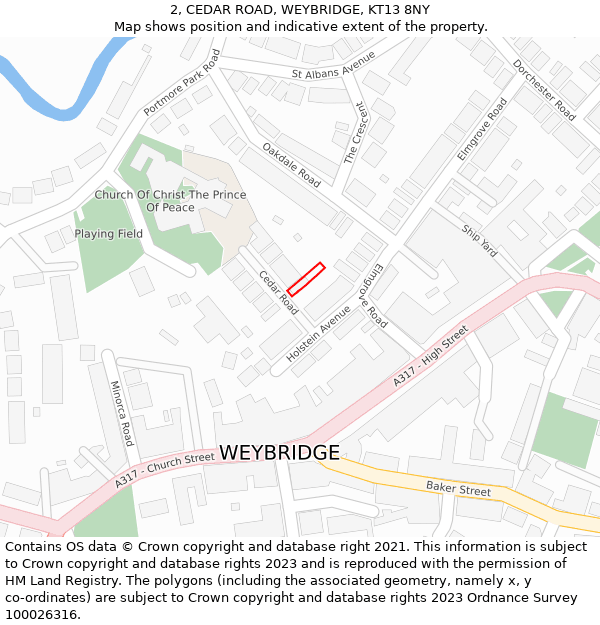 2, CEDAR ROAD, WEYBRIDGE, KT13 8NY: Location map and indicative extent of plot