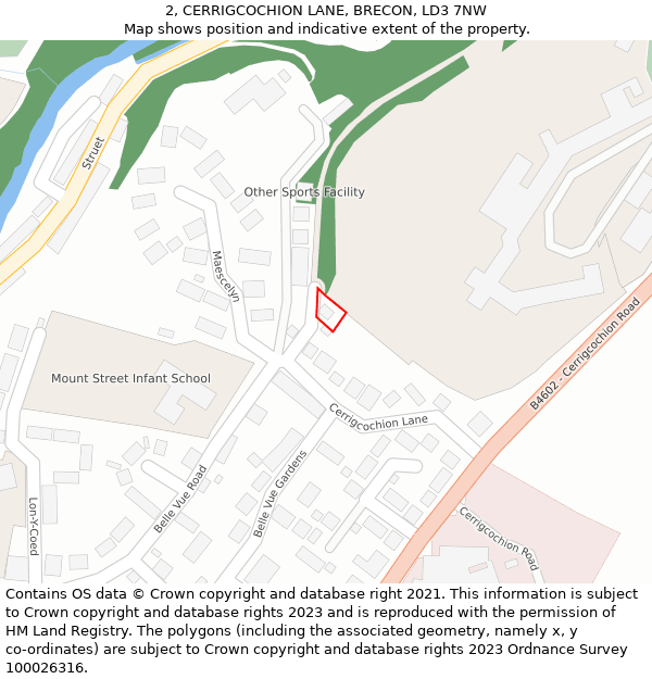 2, CERRIGCOCHION LANE, BRECON, LD3 7NW: Location map and indicative extent of plot