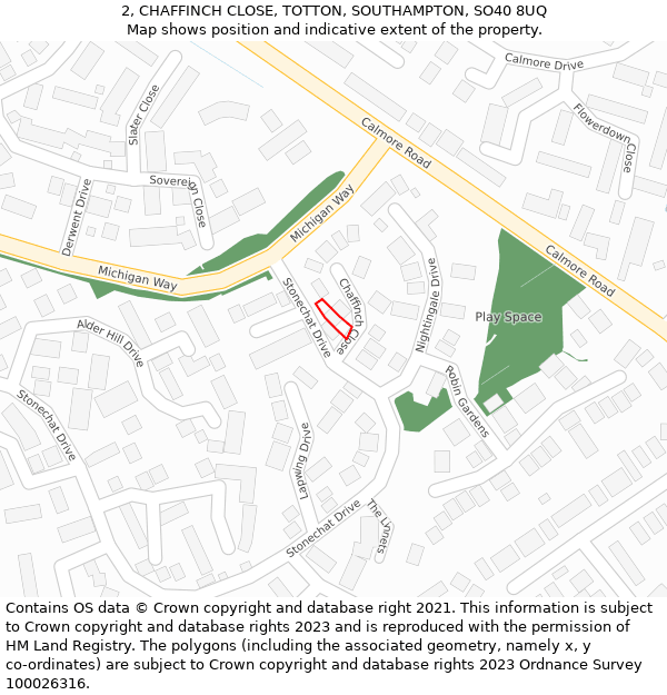 2, CHAFFINCH CLOSE, TOTTON, SOUTHAMPTON, SO40 8UQ: Location map and indicative extent of plot
