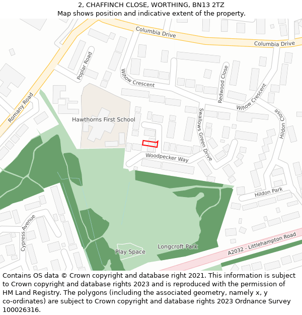 2, CHAFFINCH CLOSE, WORTHING, BN13 2TZ: Location map and indicative extent of plot