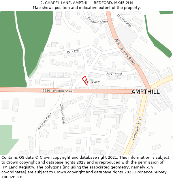 2, CHAPEL LANE, AMPTHILL, BEDFORD, MK45 2LN: Location map and indicative extent of plot