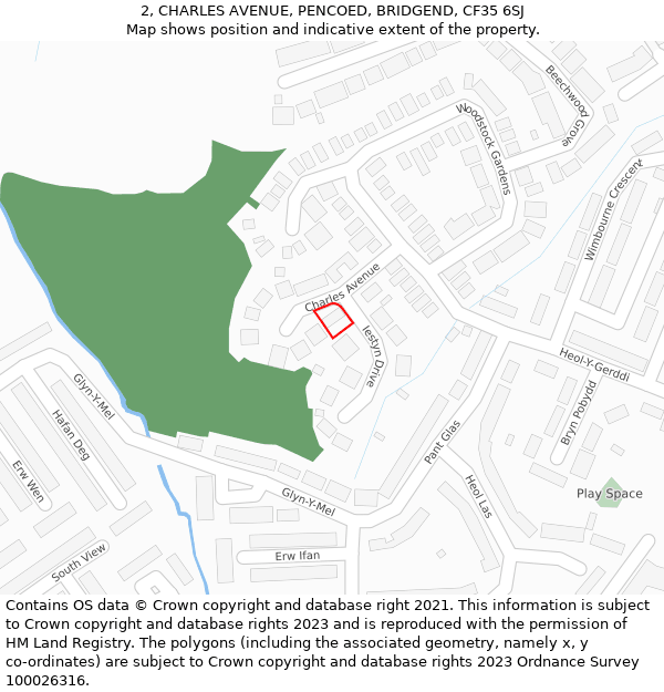 2, CHARLES AVENUE, PENCOED, BRIDGEND, CF35 6SJ: Location map and indicative extent of plot