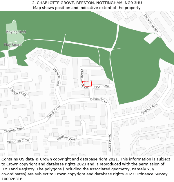 2, CHARLOTTE GROVE, BEESTON, NOTTINGHAM, NG9 3HU: Location map and indicative extent of plot