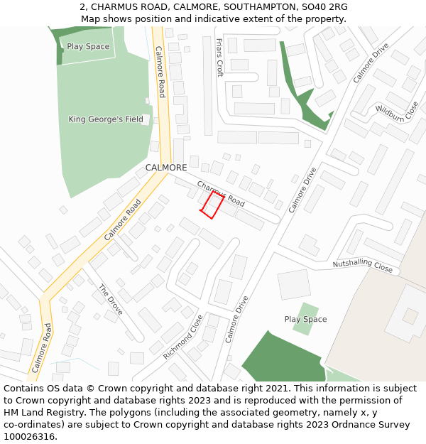 2, CHARMUS ROAD, CALMORE, SOUTHAMPTON, SO40 2RG: Location map and indicative extent of plot