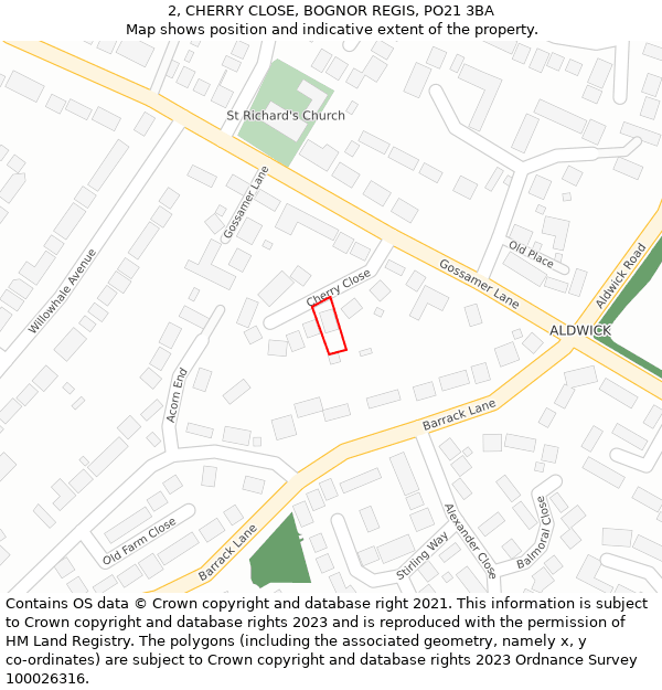 2, CHERRY CLOSE, BOGNOR REGIS, PO21 3BA: Location map and indicative extent of plot