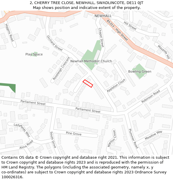 2, CHERRY TREE CLOSE, NEWHALL, SWADLINCOTE, DE11 0JT: Location map and indicative extent of plot