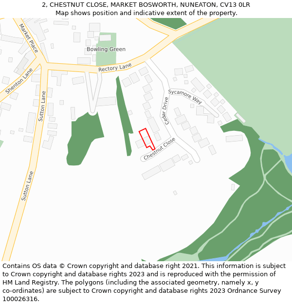 2, CHESTNUT CLOSE, MARKET BOSWORTH, NUNEATON, CV13 0LR: Location map and indicative extent of plot