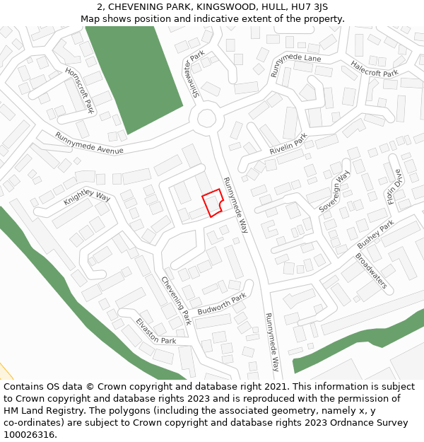 2, CHEVENING PARK, KINGSWOOD, HULL, HU7 3JS: Location map and indicative extent of plot