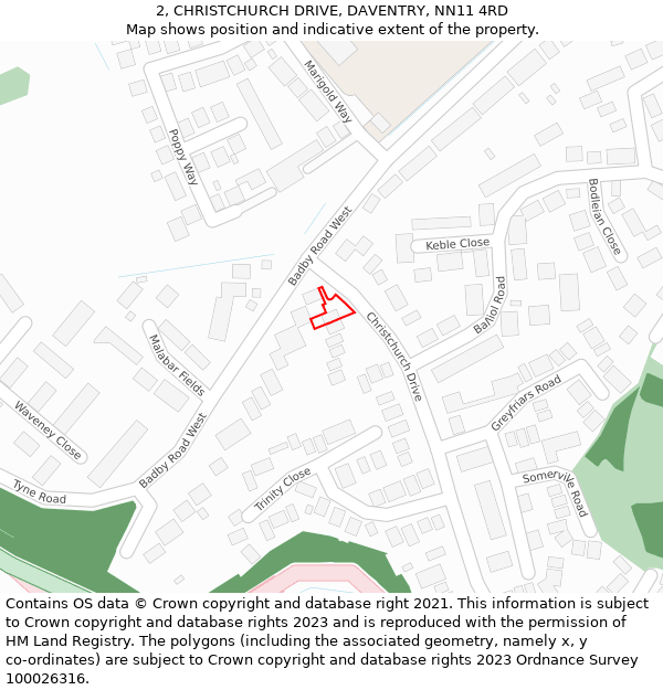 2, CHRISTCHURCH DRIVE, DAVENTRY, NN11 4RD: Location map and indicative extent of plot