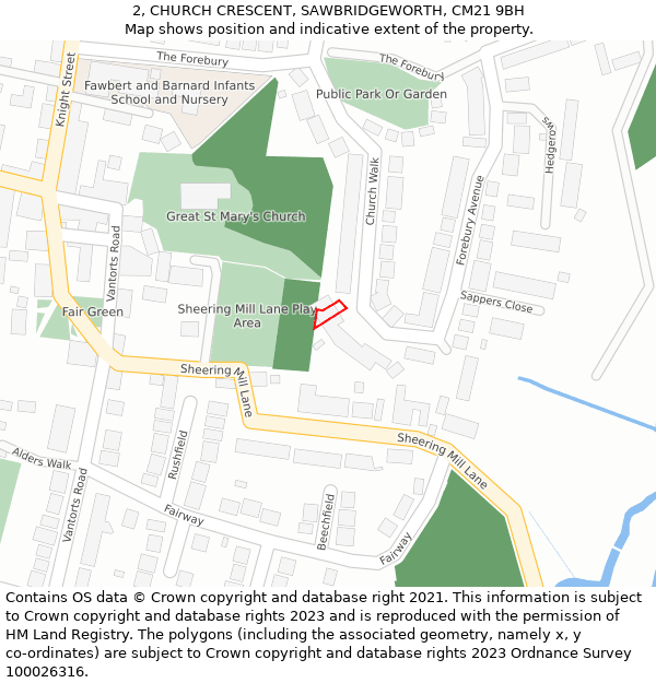 2, CHURCH CRESCENT, SAWBRIDGEWORTH, CM21 9BH: Location map and indicative extent of plot