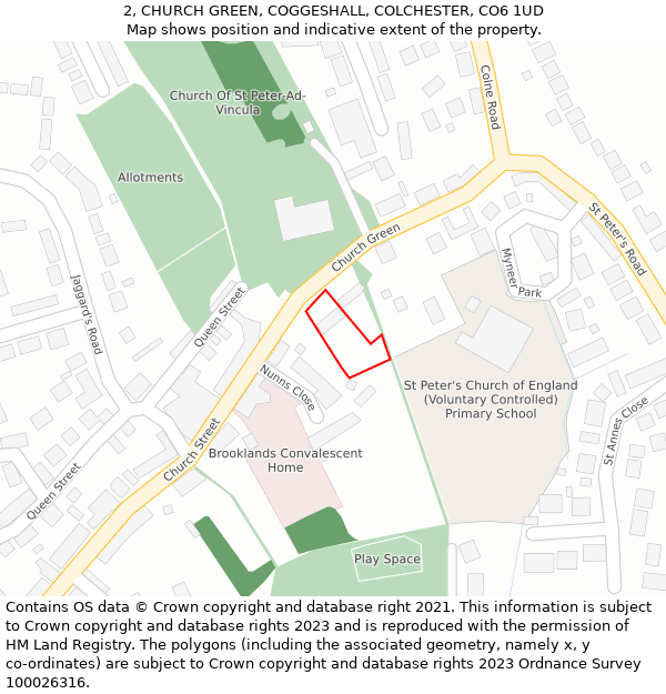 2, CHURCH GREEN, COGGESHALL, COLCHESTER, CO6 1UD: Location map and indicative extent of plot