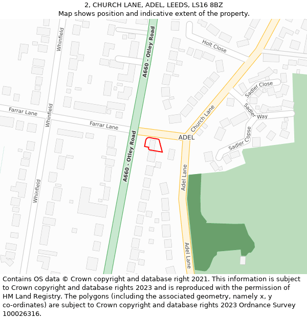 2, CHURCH LANE, ADEL, LEEDS, LS16 8BZ: Location map and indicative extent of plot