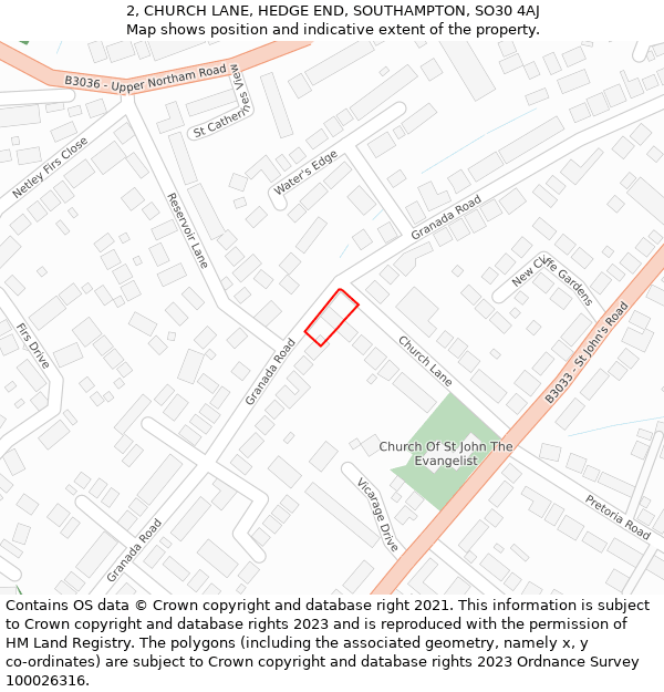 2, CHURCH LANE, HEDGE END, SOUTHAMPTON, SO30 4AJ: Location map and indicative extent of plot