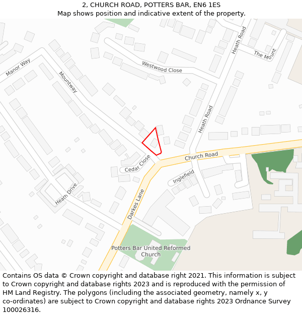 2, CHURCH ROAD, POTTERS BAR, EN6 1ES: Location map and indicative extent of plot