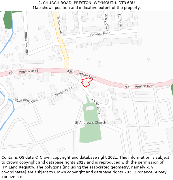 2, CHURCH ROAD, PRESTON, WEYMOUTH, DT3 6BU: Location map and indicative extent of plot