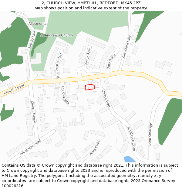 2, CHURCH VIEW, AMPTHILL, BEDFORD, MK45 2PZ: Location map and indicative extent of plot