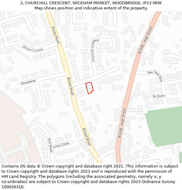 2, CHURCHILL CRESCENT, WICKHAM MARKET, WOODBRIDGE, IP13 0RW: Location map and indicative extent of plot