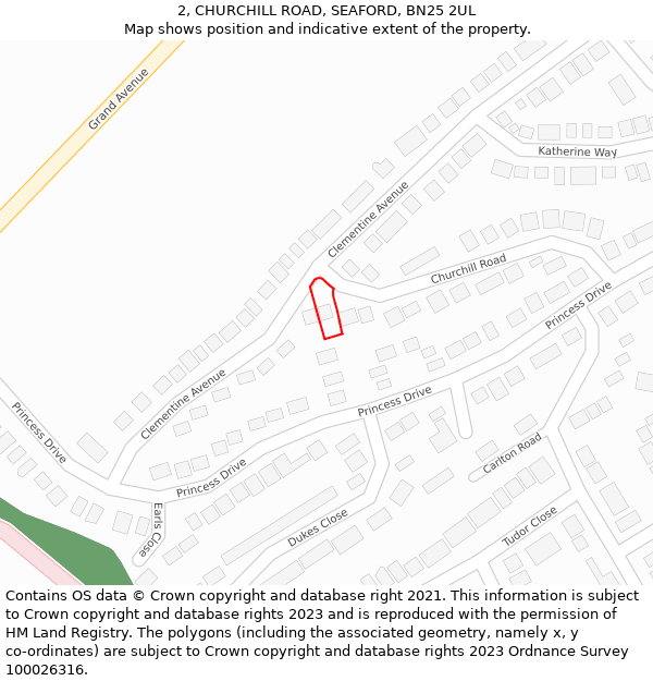 2, CHURCHILL ROAD, SEAFORD, BN25 2UL: Location map and indicative extent of plot