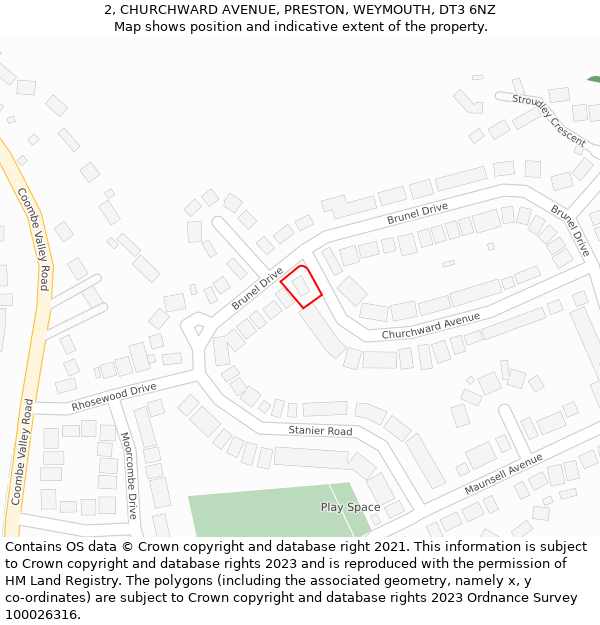 2, CHURCHWARD AVENUE, PRESTON, WEYMOUTH, DT3 6NZ: Location map and indicative extent of plot