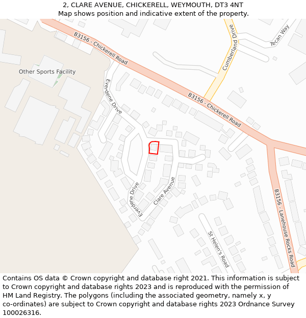 2, CLARE AVENUE, CHICKERELL, WEYMOUTH, DT3 4NT: Location map and indicative extent of plot