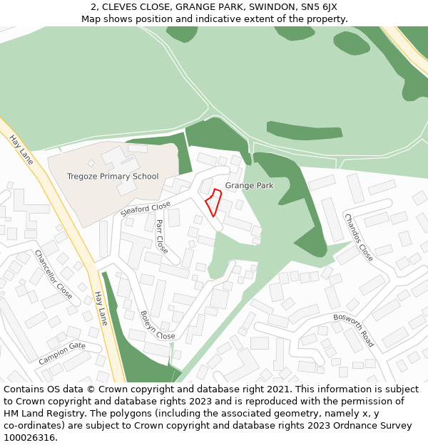 2, CLEVES CLOSE, GRANGE PARK, SWINDON, SN5 6JX: Location map and indicative extent of plot