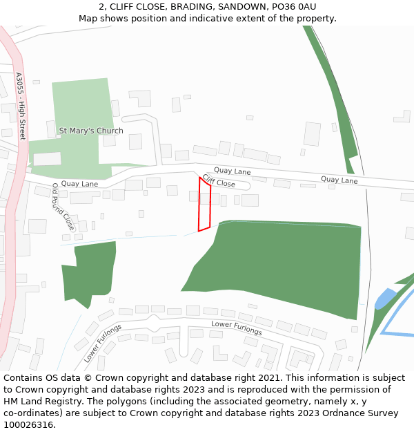 2, CLIFF CLOSE, BRADING, SANDOWN, PO36 0AU: Location map and indicative extent of plot