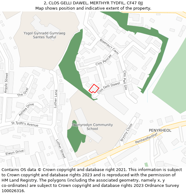 2, CLOS GELLI DAWEL, MERTHYR TYDFIL, CF47 0JJ: Location map and indicative extent of plot