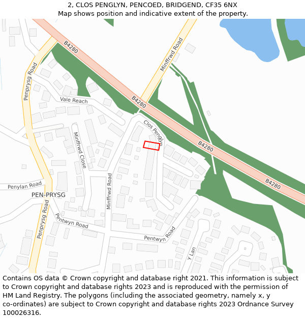 2, CLOS PENGLYN, PENCOED, BRIDGEND, CF35 6NX: Location map and indicative extent of plot