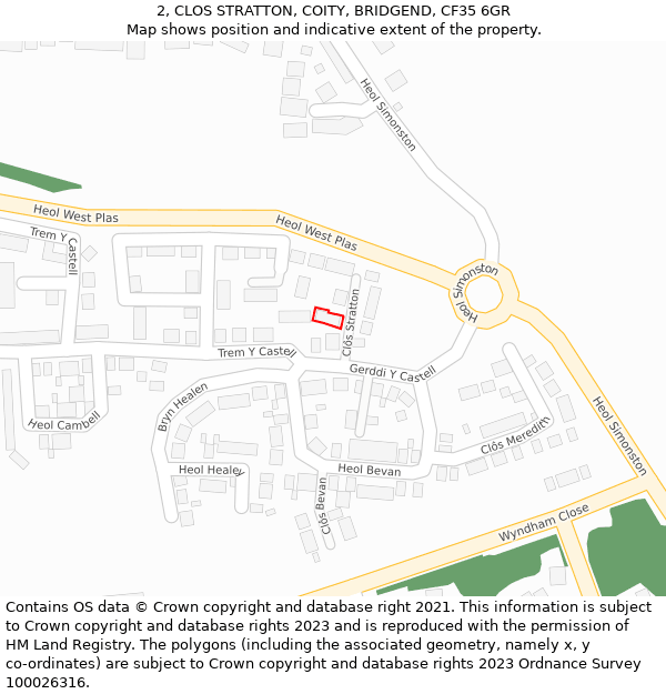 2, CLOS STRATTON, COITY, BRIDGEND, CF35 6GR: Location map and indicative extent of plot