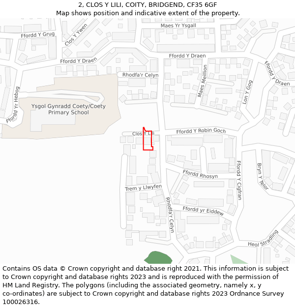 2, CLOS Y LILI, COITY, BRIDGEND, CF35 6GF: Location map and indicative extent of plot