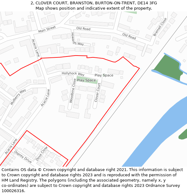 2, CLOVER COURT, BRANSTON, BURTON-ON-TRENT, DE14 3FG: Location map and indicative extent of plot