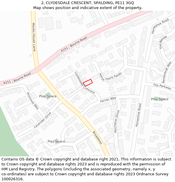 2, CLYDESDALE CRESCENT, SPALDING, PE11 3GQ: Location map and indicative extent of plot